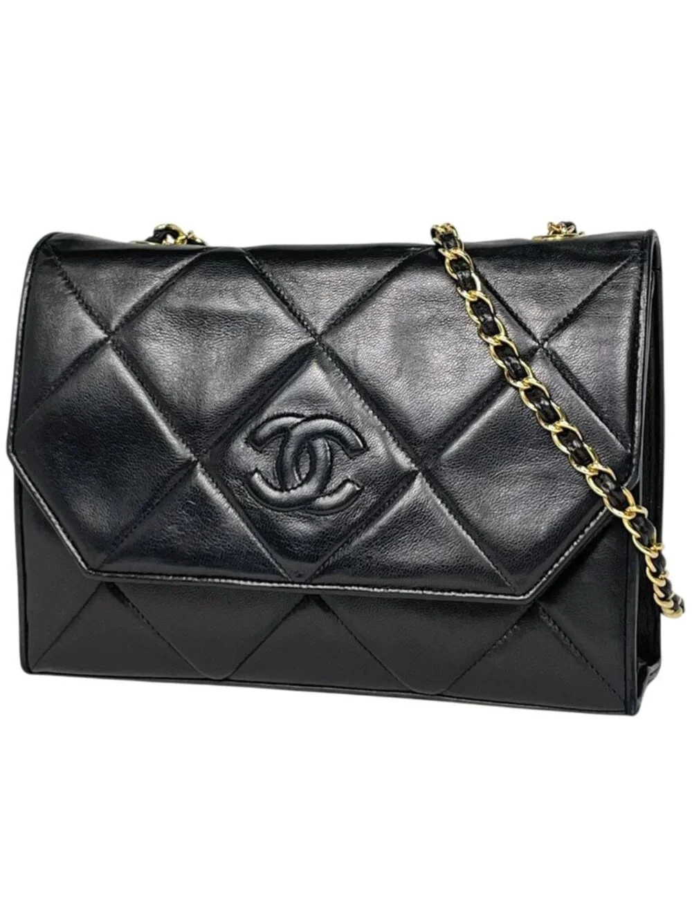 Chanel CC Logo Chain Shoulder Bag Quilted Leather Black